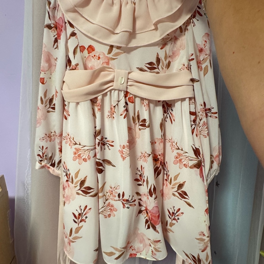 Patachou Pink Floral Dress with Ruffle Neckline